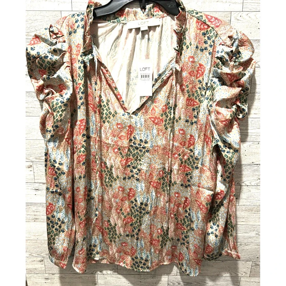 NWT LOFT Garden Cinched Sleeve Ruffle Tye Neck top blouse SMALL‎